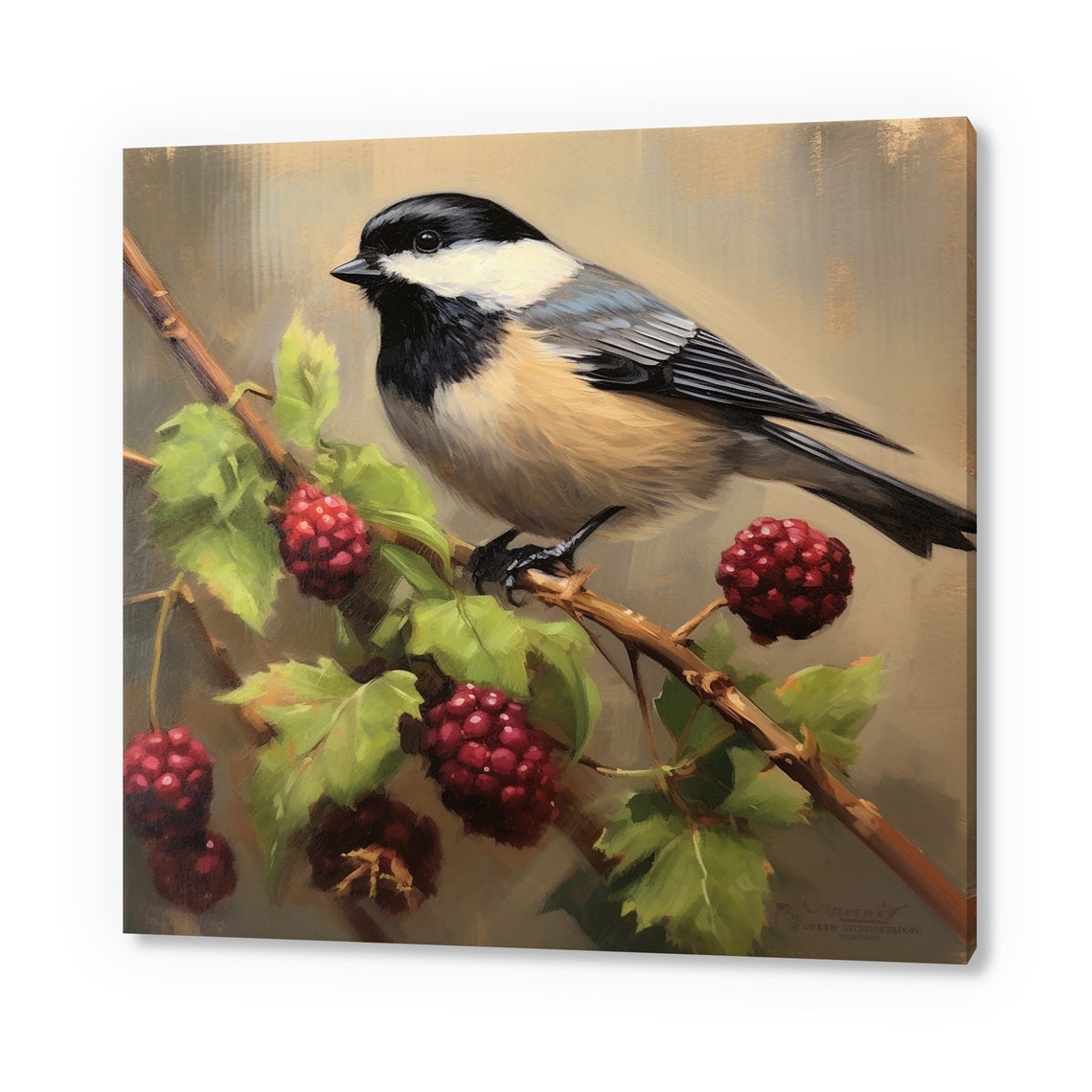 Chickadee Perched On Wild Berry Branch Lush Green Leaves Bird Poster