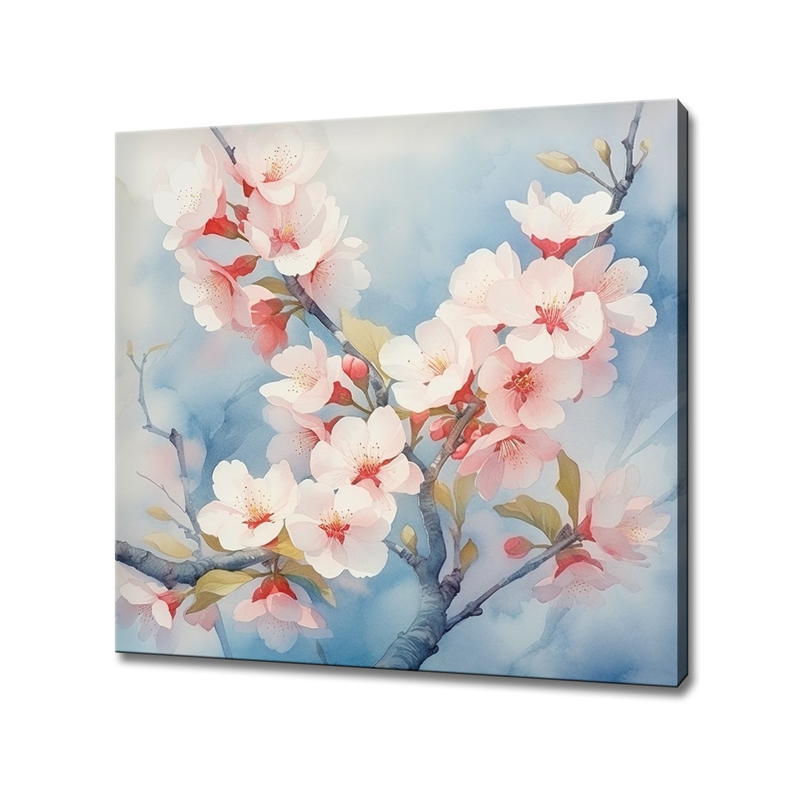 Delicate Pink Cherry Blossom Branch Blue Sky Watercolor Art Poster