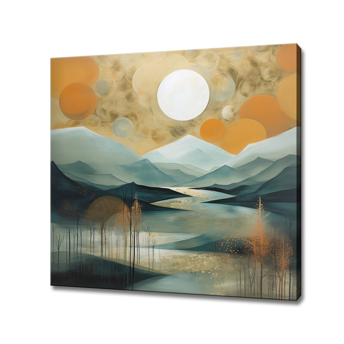 Misty Mountain Lake with Floating Golden Orbs Dreamlike Abstract Print