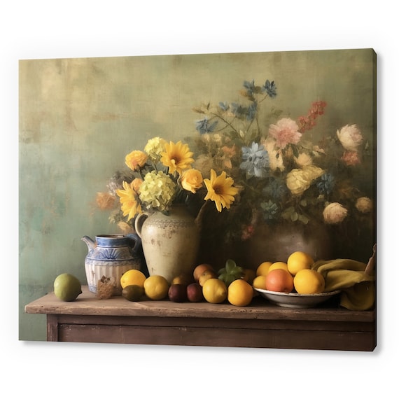 Vase With Flowers And Fruits Still Life Vintage Country Antique Print Moody Painting Print Living Room Wall Art Farmhouse Decor