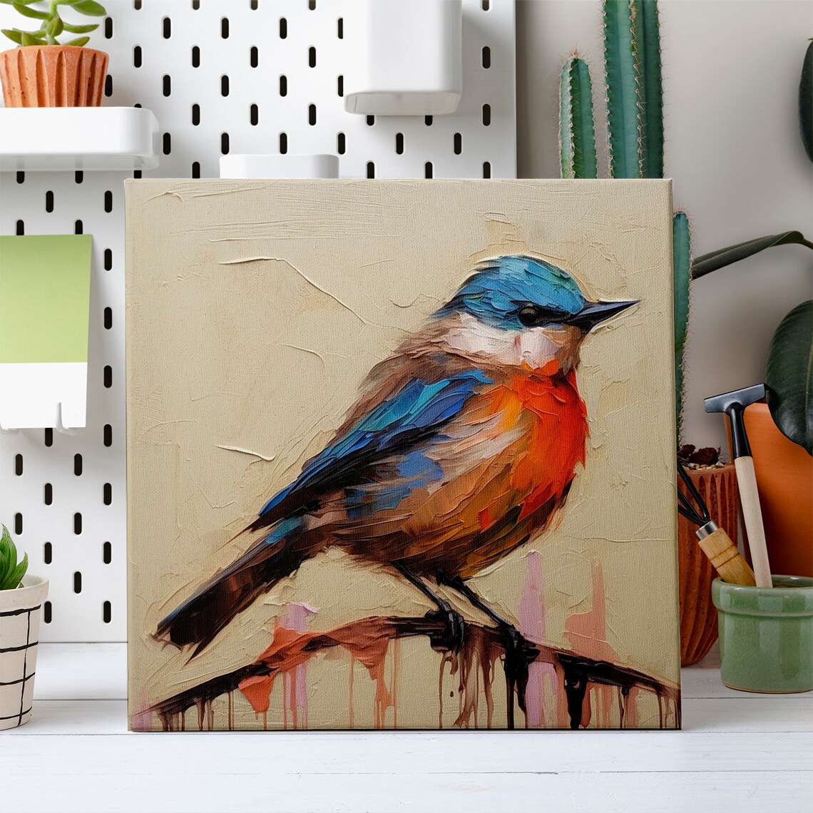 Bluebird with Rust Red Breast on Cream Impasto Painting Bird Wall Art