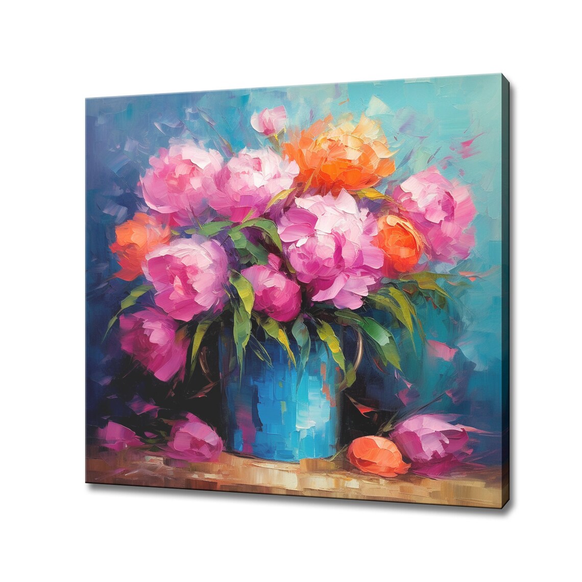 Pink Peony Bouquet Blue Vase Impressionist Floral Oil Painting Poster