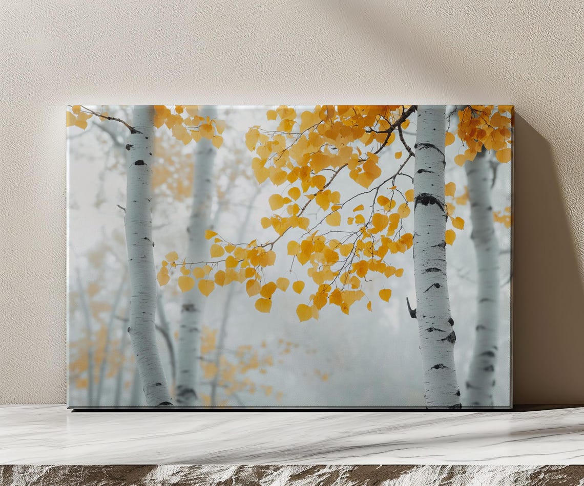 Misty Birch Forest Autumn Golden Leaves Tree Landscape Painting Print