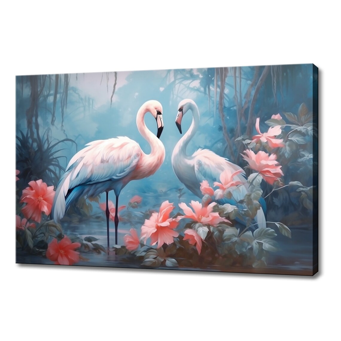 Two Flamingos Blossoming Garden Pink Flowers Serene Wildlife Poster