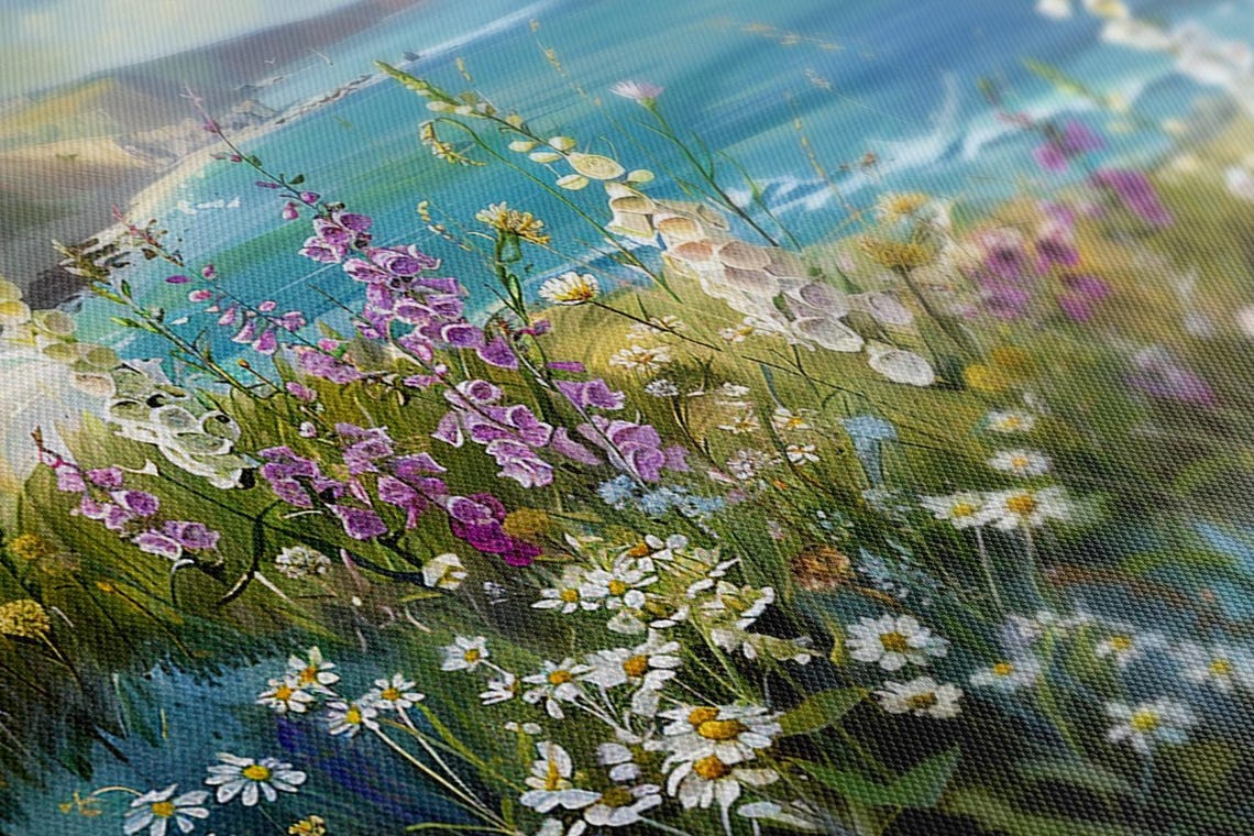Field Of Wildflowers On The Cliff Vintage Painting Print Nature Floral Art Print Living Room Botanical Wall Art - Image 2
