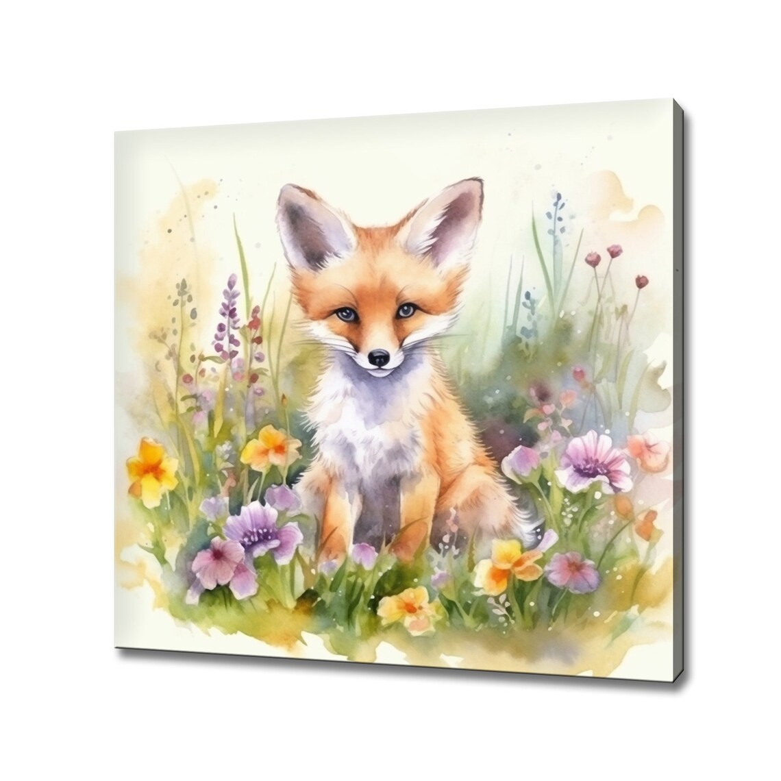 Baby Fox Cub Wildflowers Watercolor Sweet Woodland Nursery Poster