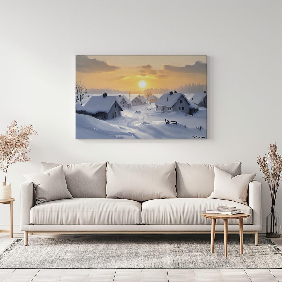 White Snowy Winter Village Houses Vintage Painting Print Countryside Muted Print Neutral Living Room Wall Art Farmhouse Decor Art - Image 3