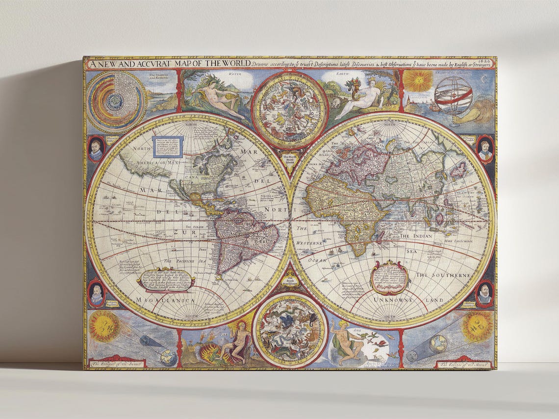 Vintage Double Hemisphere World Map Antique Cartography Wall Art