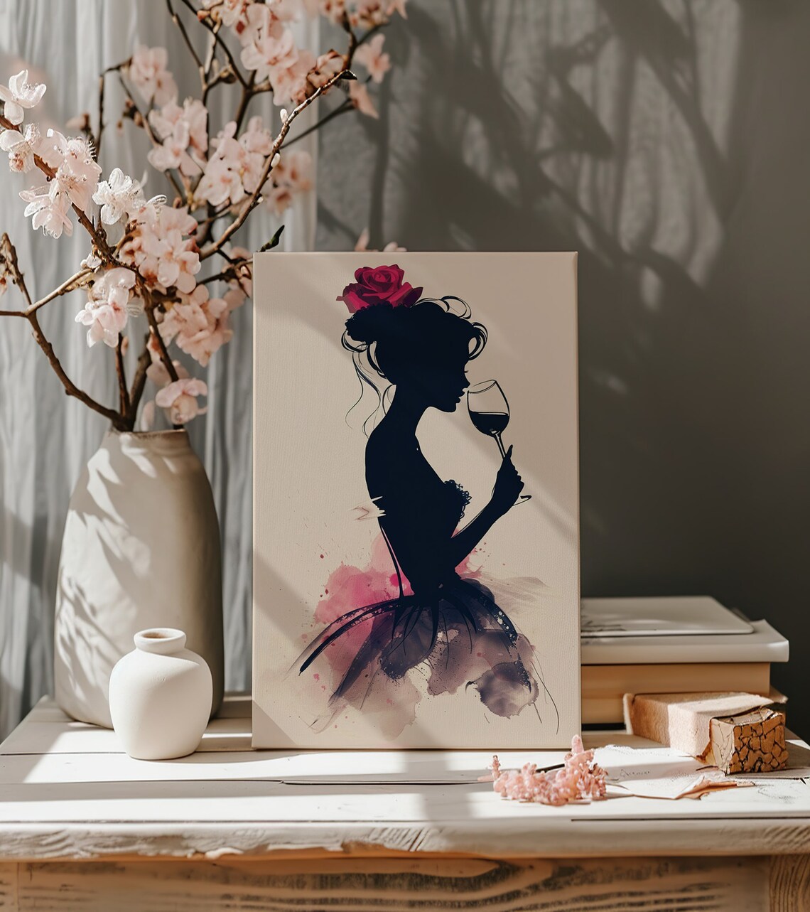 Elegant Woman Wine Glass Silhouette Rose Watercolor Romantic Wall Art Print