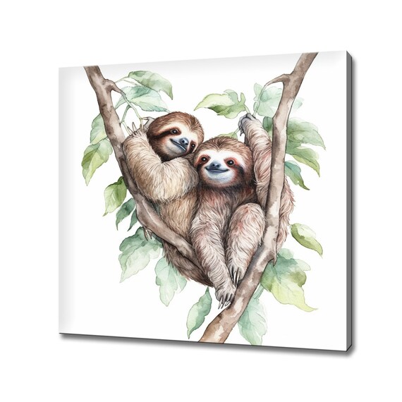 Cute Sloths Hugging On Branch Watercolour Nursery Animal Poster