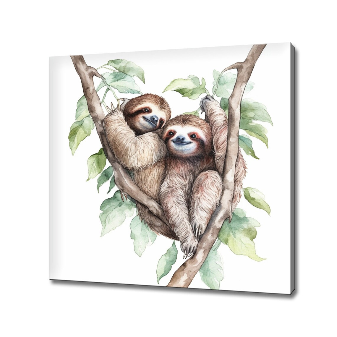 Cute Sloths Hugging On Branch Watercolour Nursery Animal Poster