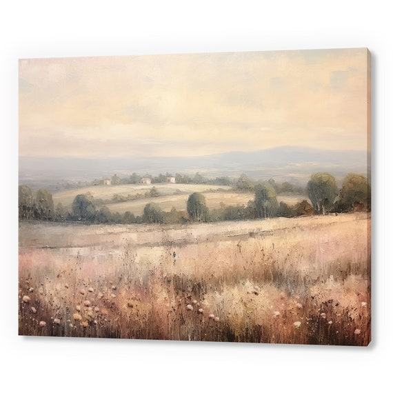 Vintage Country Grass Fields Landscape Antique Countryside Print Moody Painting Print Living Room Wall Art Farmhouse Decor Art