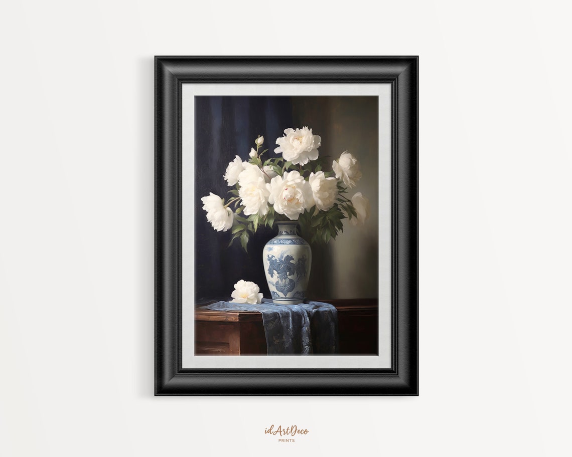 Moody Vintage Flower Print Peony Wall Art Dark Floral Still Life Oil Painting Antique Art - Image 3