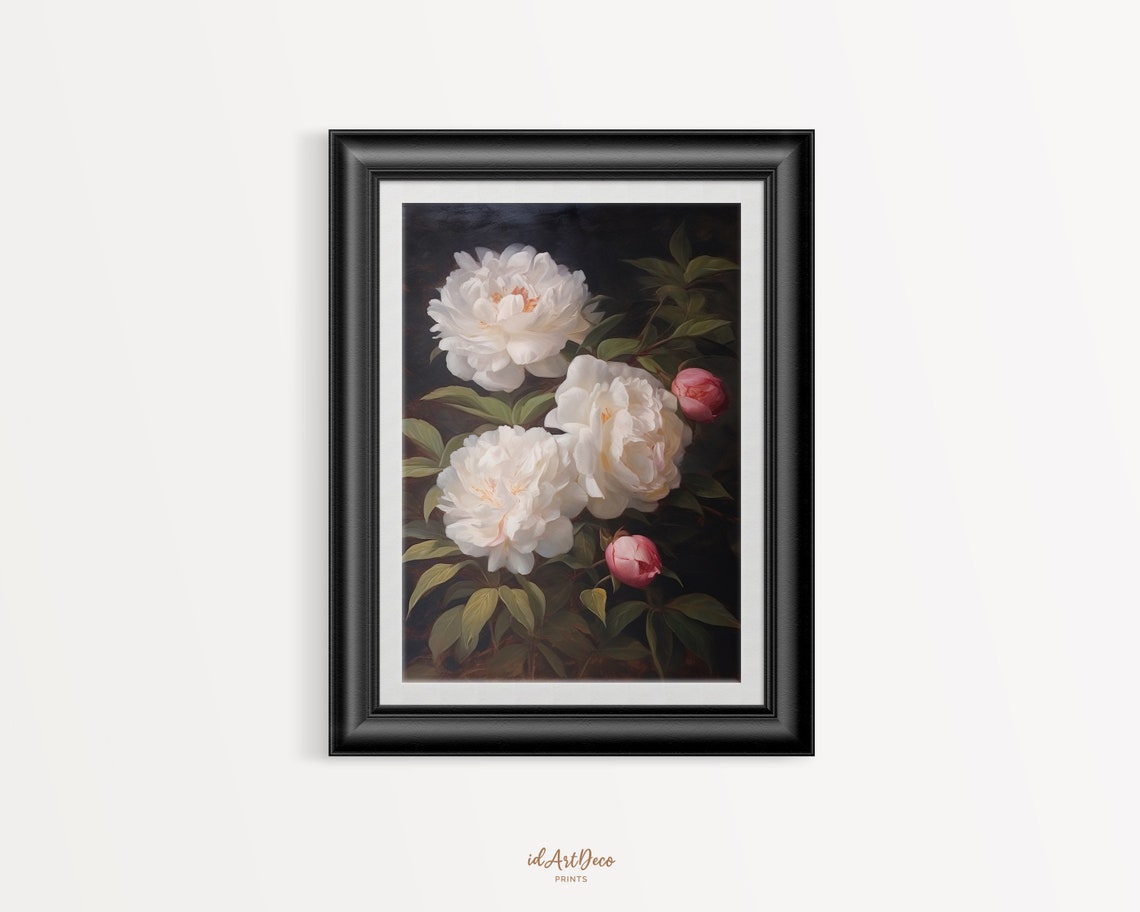 Classical White Peony Painting Pink Buds Dark Moody Floral Poster - Image 3