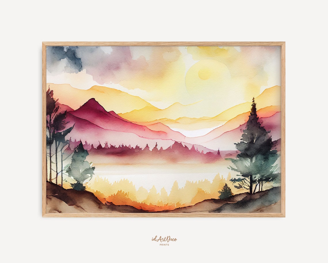 Pink Sunset Watercolor Mountain Valley Pine Trees Landscape Poster