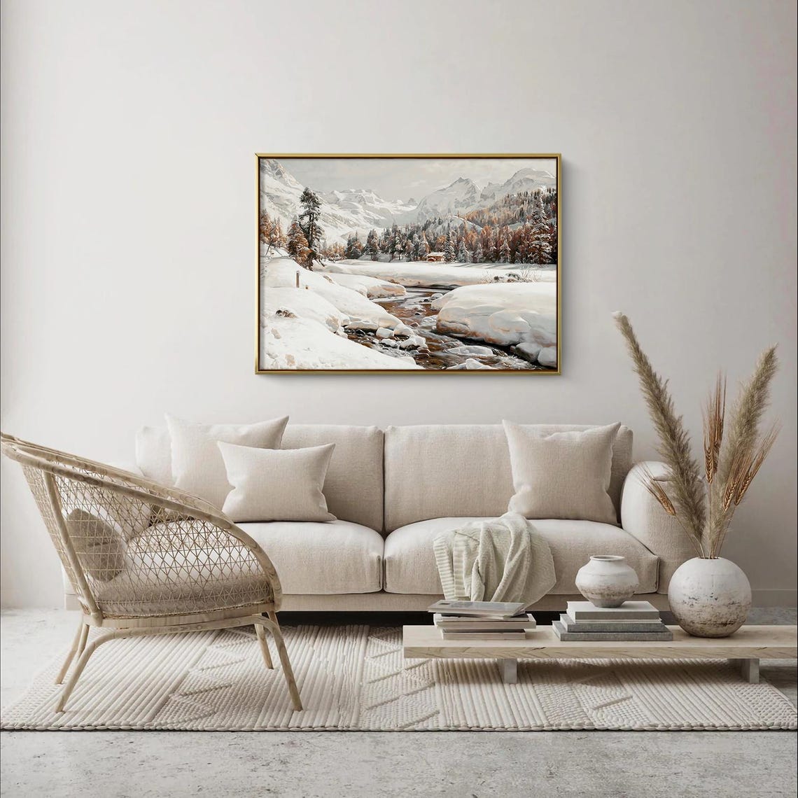 Snowy Alpine Mountain Valley Stream Winter Landscape Art Print - Image 2
