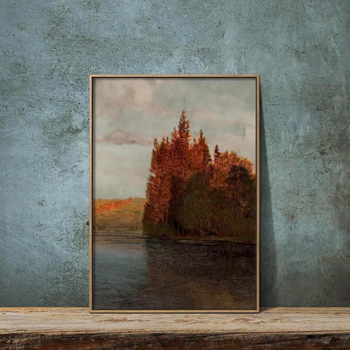 Vintage Autumn Lake Landscape Painting, Rustic Art Print - Image 2