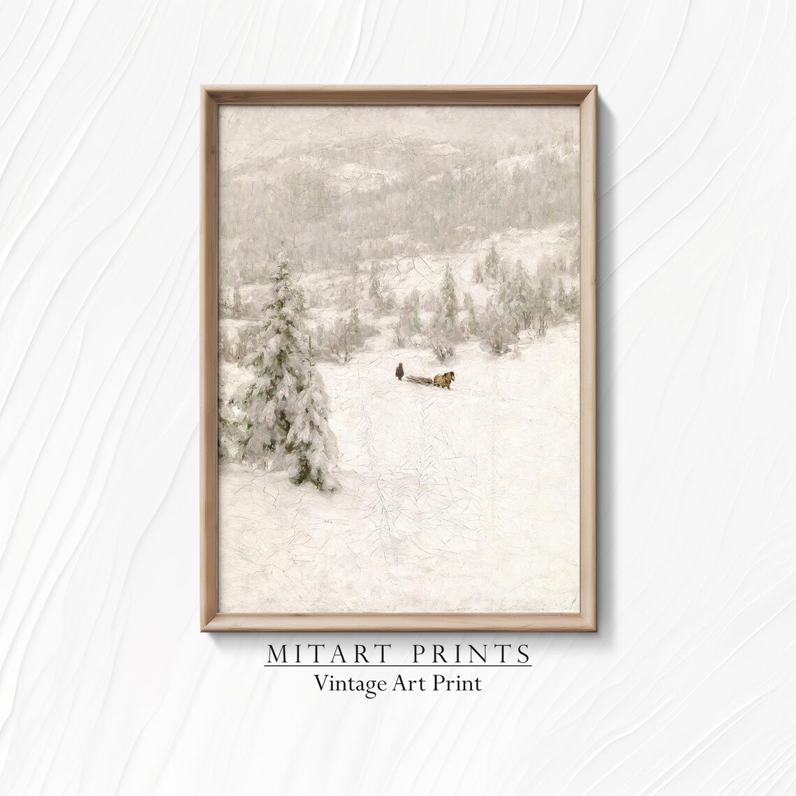 Vintage Neutral Winter Landscape Snowy Hillside Horse Drawn Sled Poster