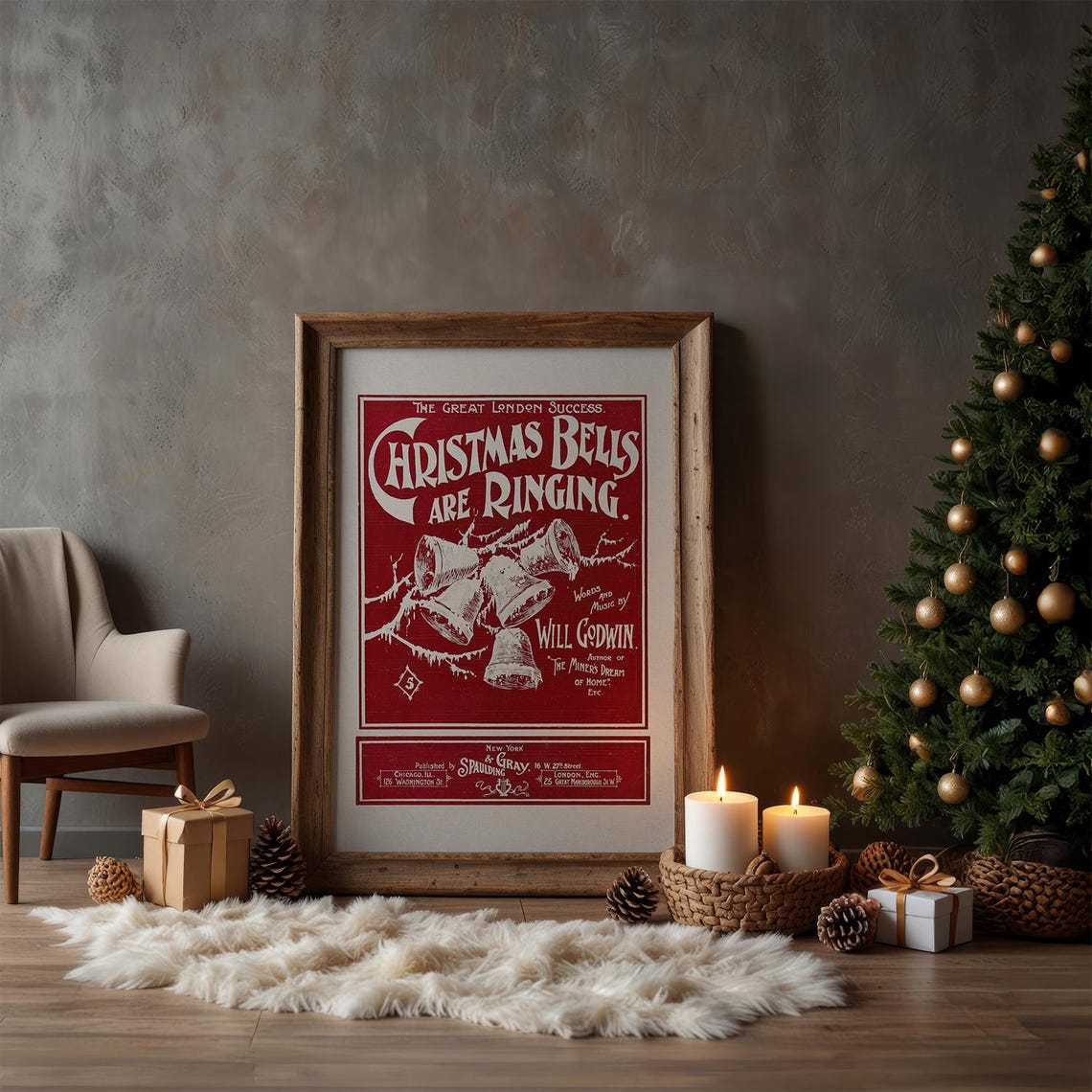 Christmas Bells Are Ringing Will Godwin Red Vintage Sheet Music Print - Image 5