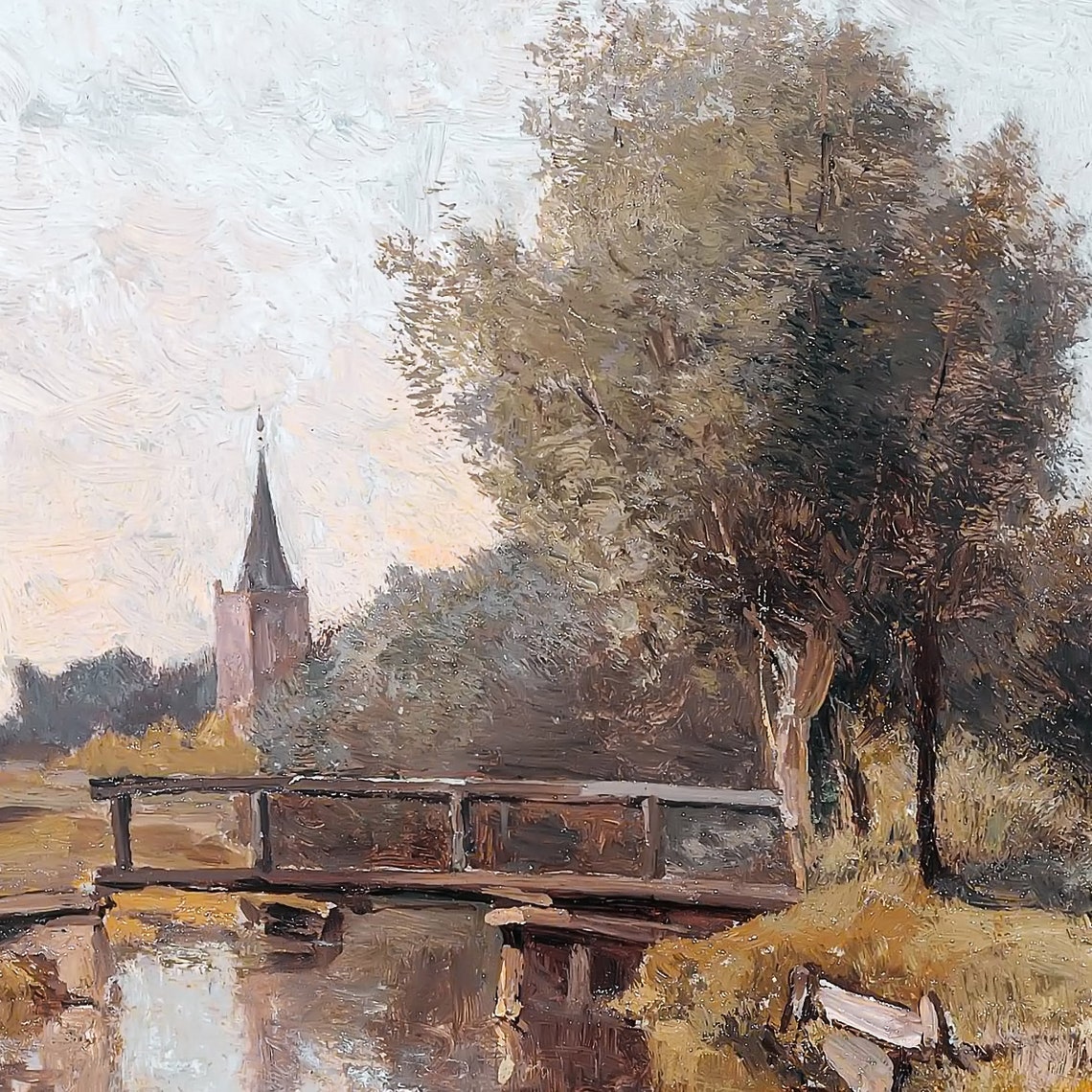 Antique Village Road Stream Bridge Thatched Cottage Oil Poster - Image 2