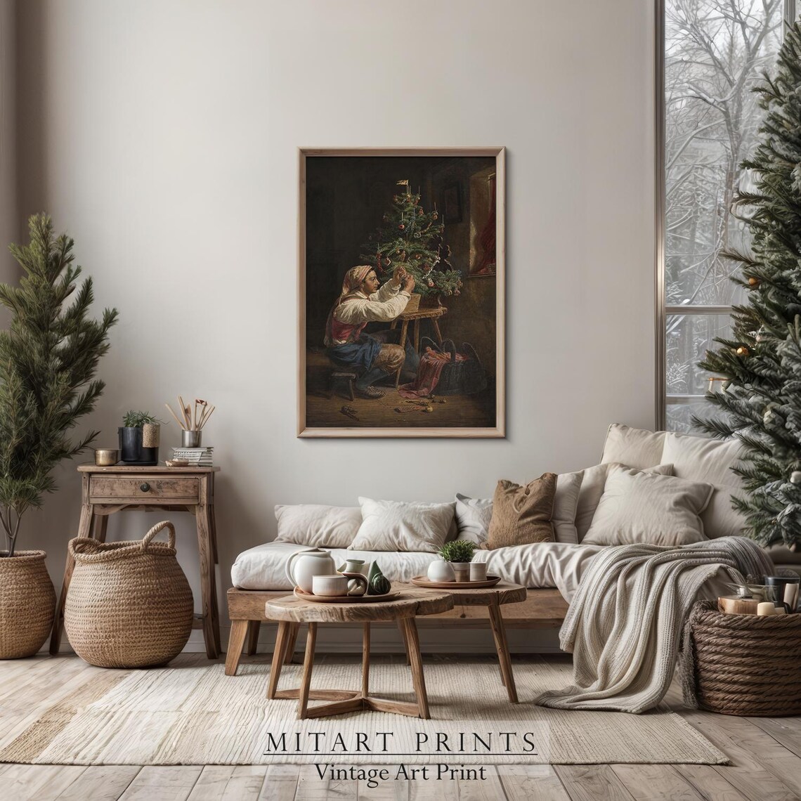 Woman Decorating Christmas Tree Vintage Oil Painting Holiday Art Print - Image 5