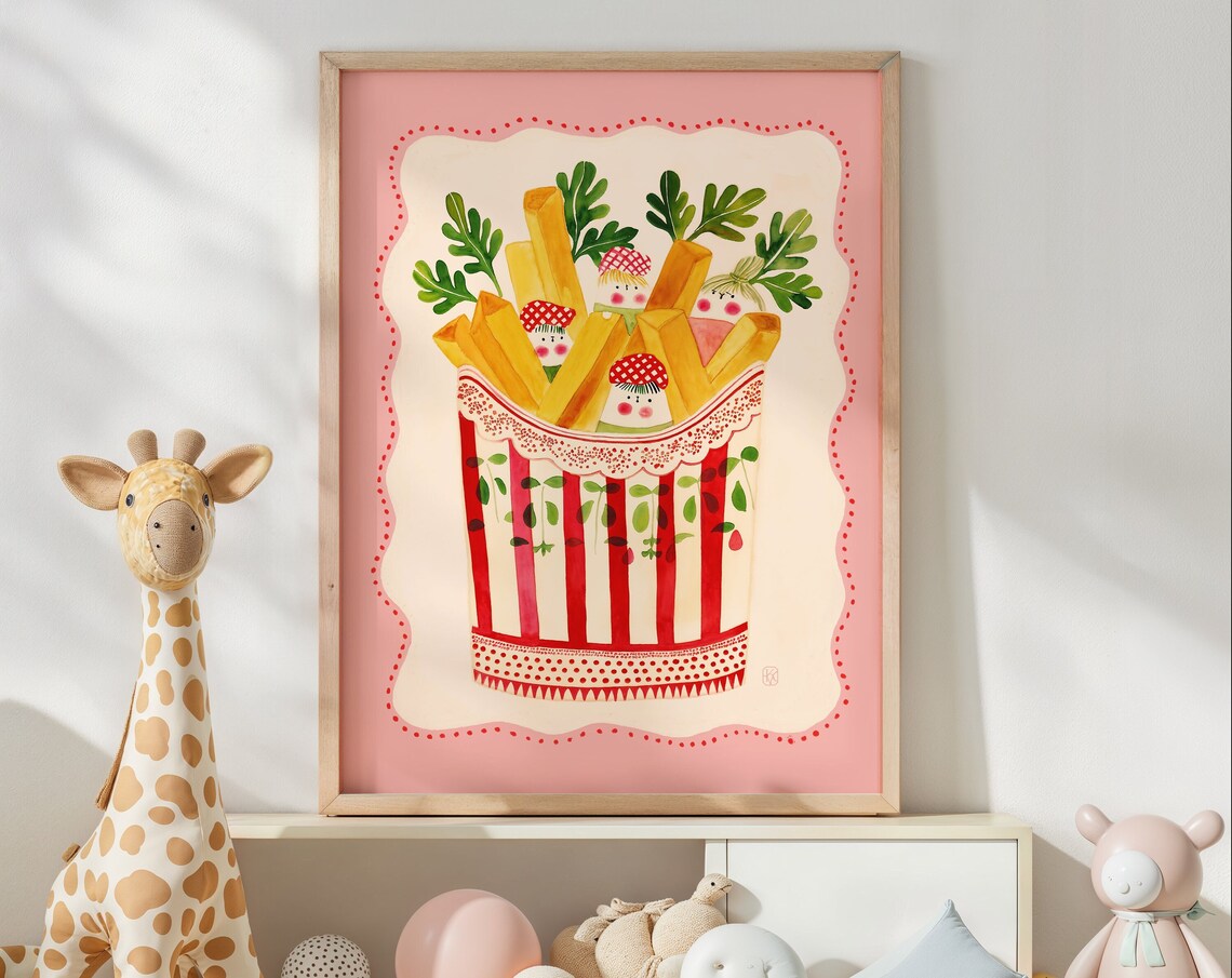 Cute Smiling French Fries In Striped Cup Watercolor Food Art Poster - Image 2