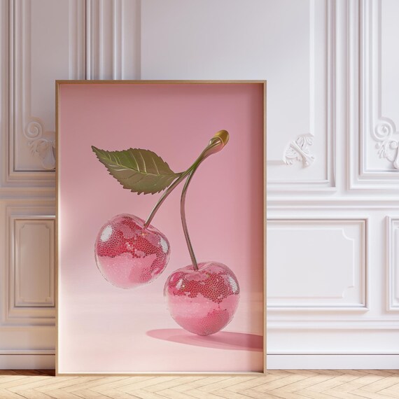Cherry Disco Ball Poster Funky Kitchen Print For Aesthetic Room Decor Dopamine Decor For Kitchen Disco Coquette Room Decor Pink Wall Art