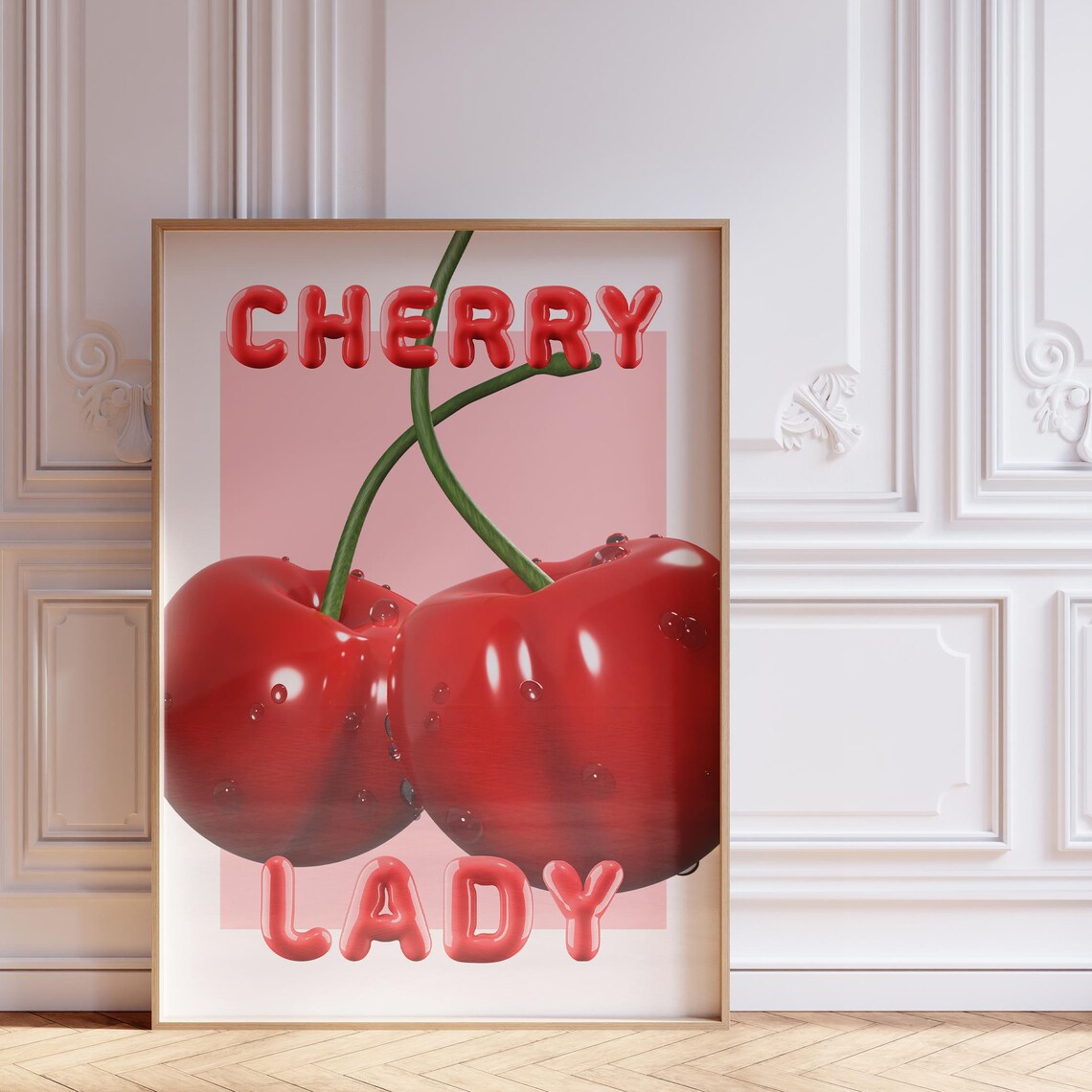 Cherry Lady Glossy Red Cherries Pink Coquette Room Decor Poster