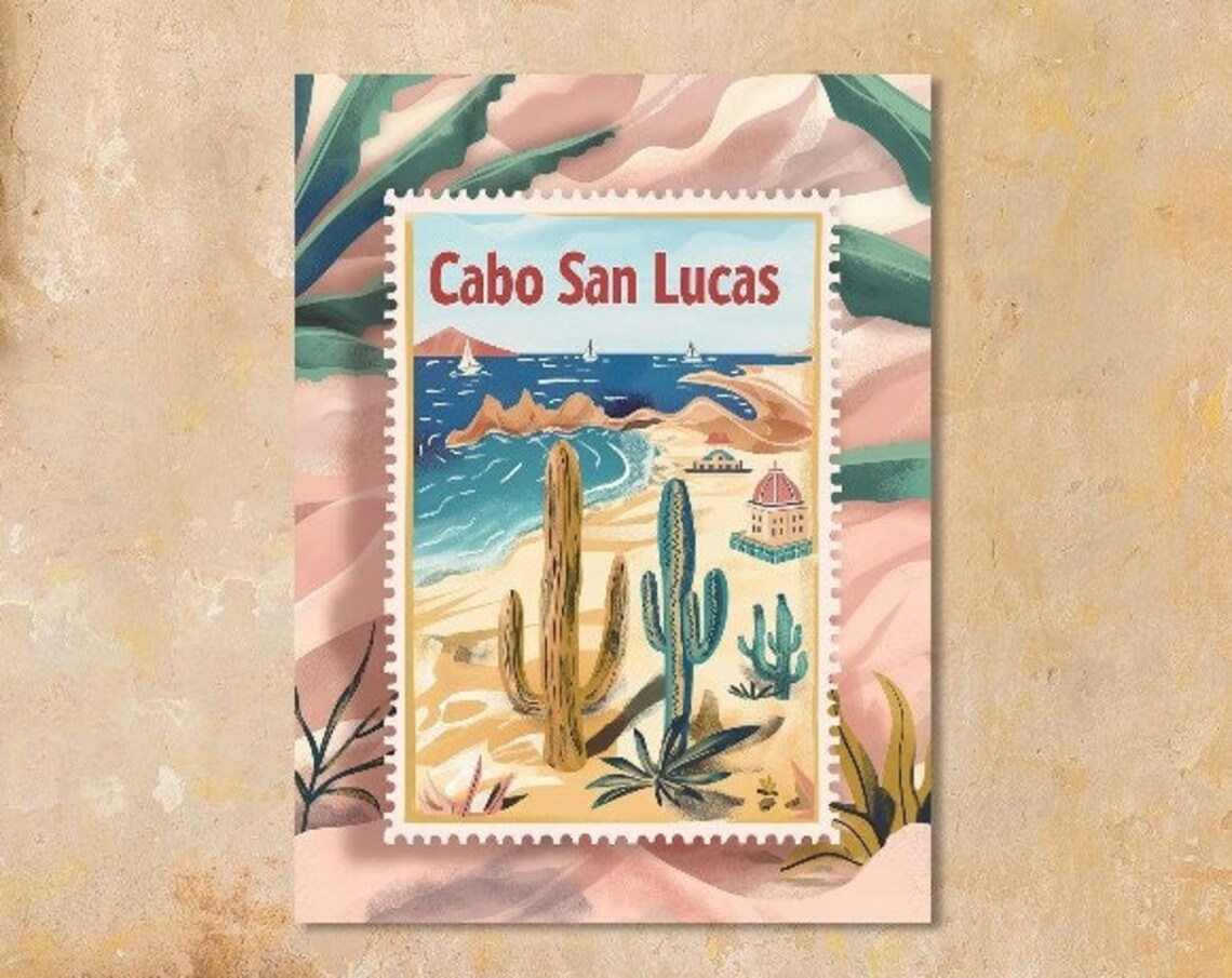 Cabo San Lucas Sunny Cactus Beach Vintage Travel Stamp Art Poster