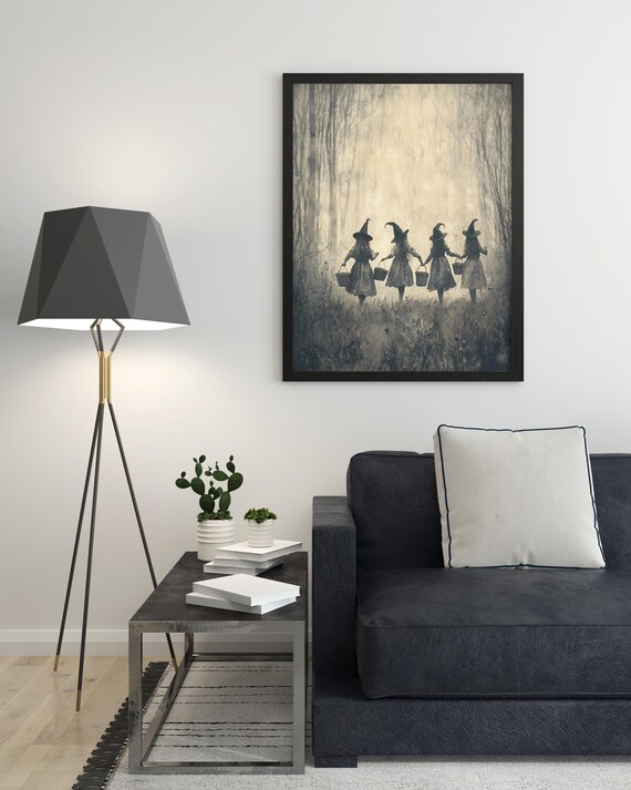 Four Witch Children, Vintage Halloween Art Print