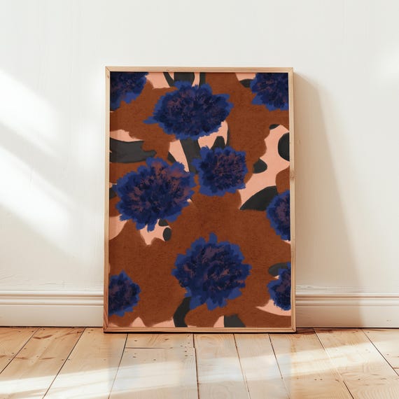 Abstract Floral Print Navy Blue Flowers Autumn Wall Art