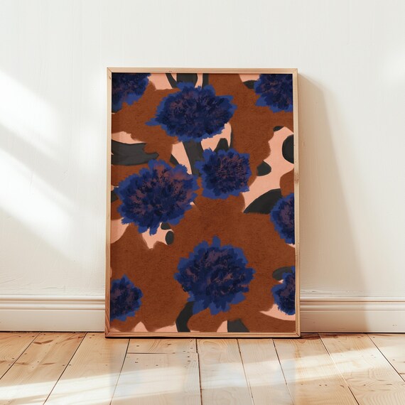 Navy Blue Floral Bloom Rust Brown Abstract Painterly Flower Poster