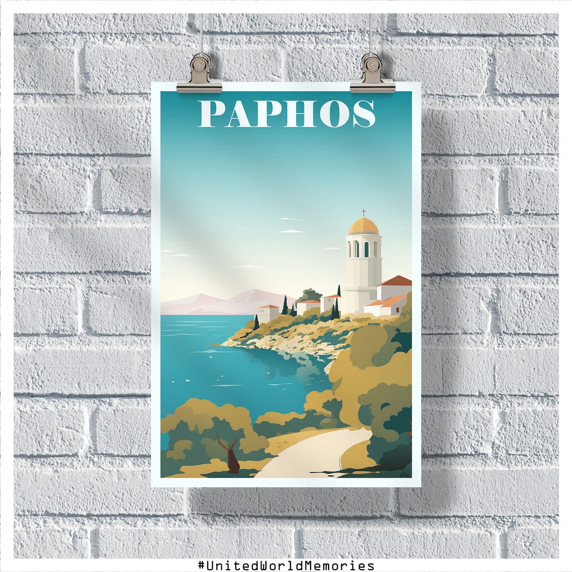 Paphos Cyprus Coastal Church Cliffs Turquoise Sea Travel Poster