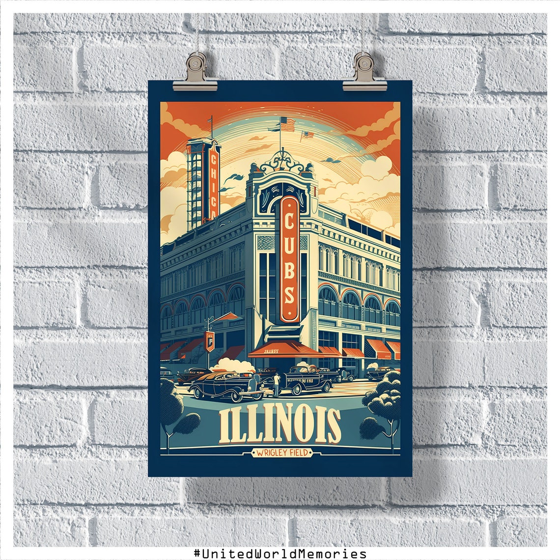 Illinois Wrigley Field Chicago Cubs Baseball Stadium Retro Poster
