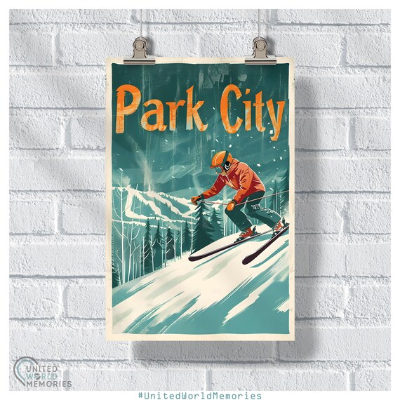 Park City Skier Carving Slope Sunset Vintage Retro Travel Poster