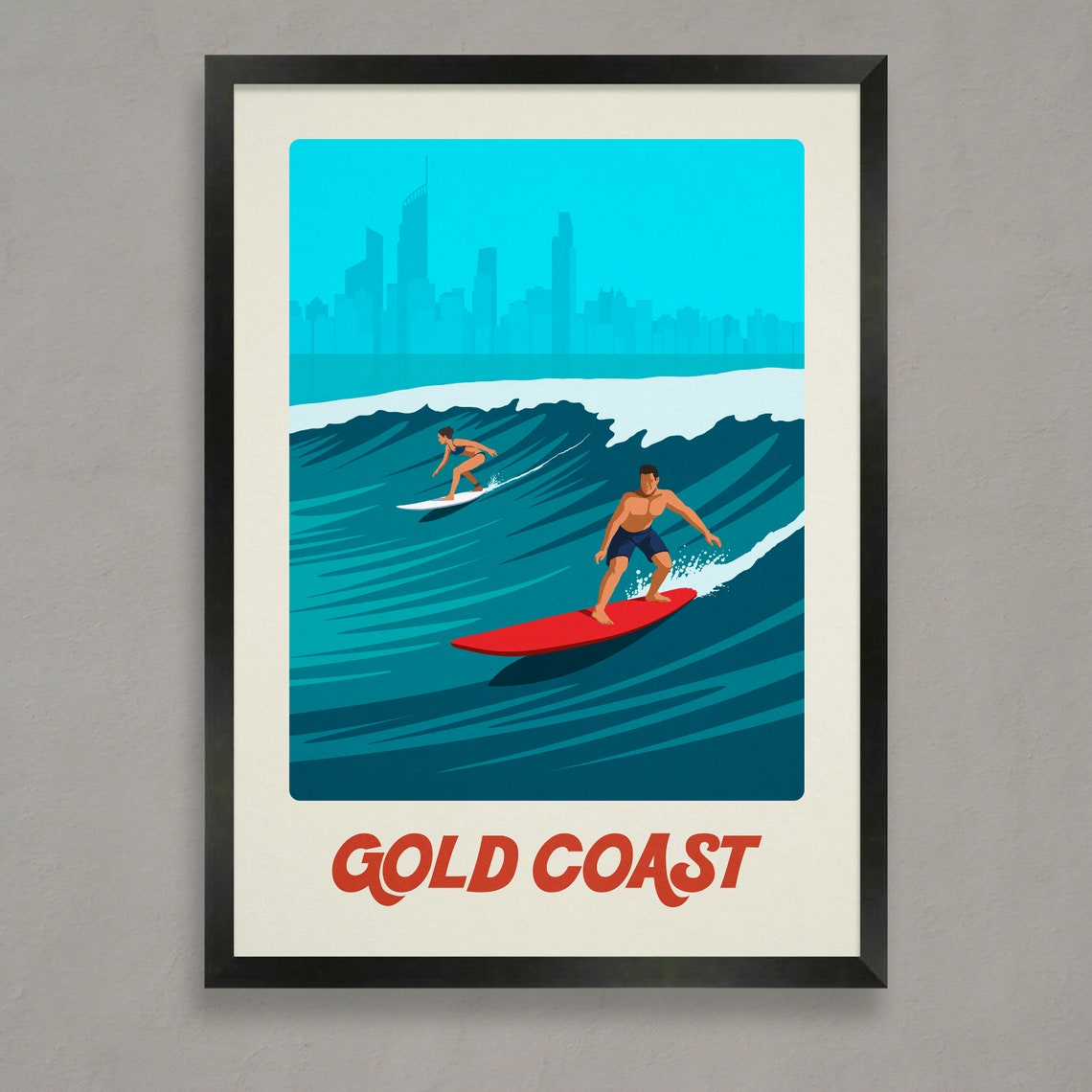 Gold Coast Surf Poster with Two Surfers and City Skyline Australia
