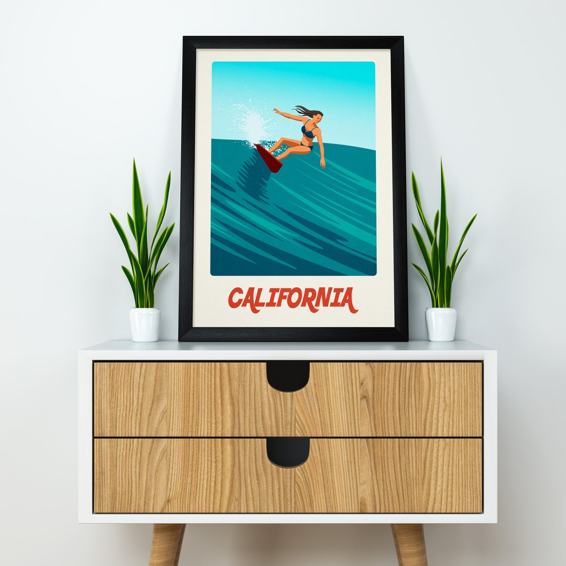 California Surf Poster with Woman Surfer on a Teal Wave Retro Beach - Image 4