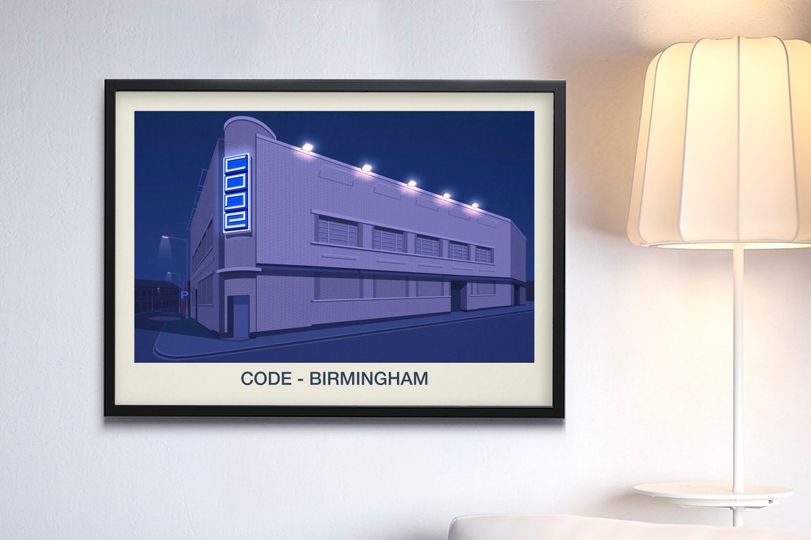 Code Birmingham Nightclub Poster Blue Neon Sign Venue Night Art - Image 3