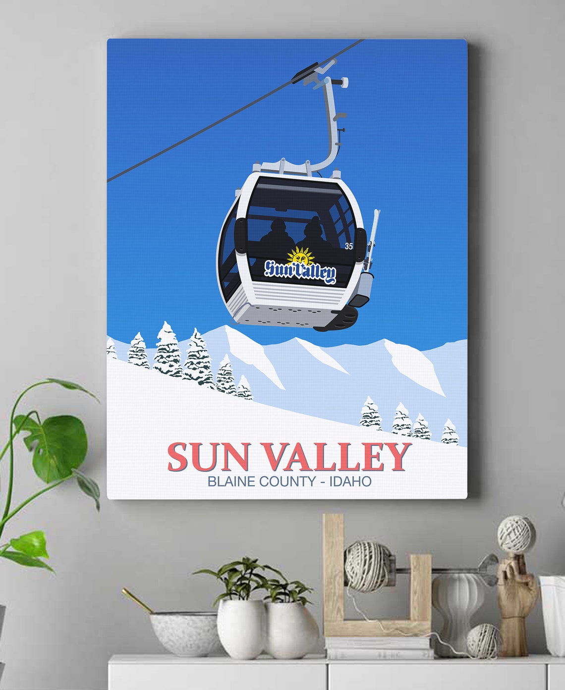Sun Valley Idaho Blaine County White Gondola Retro Ski Art Poster