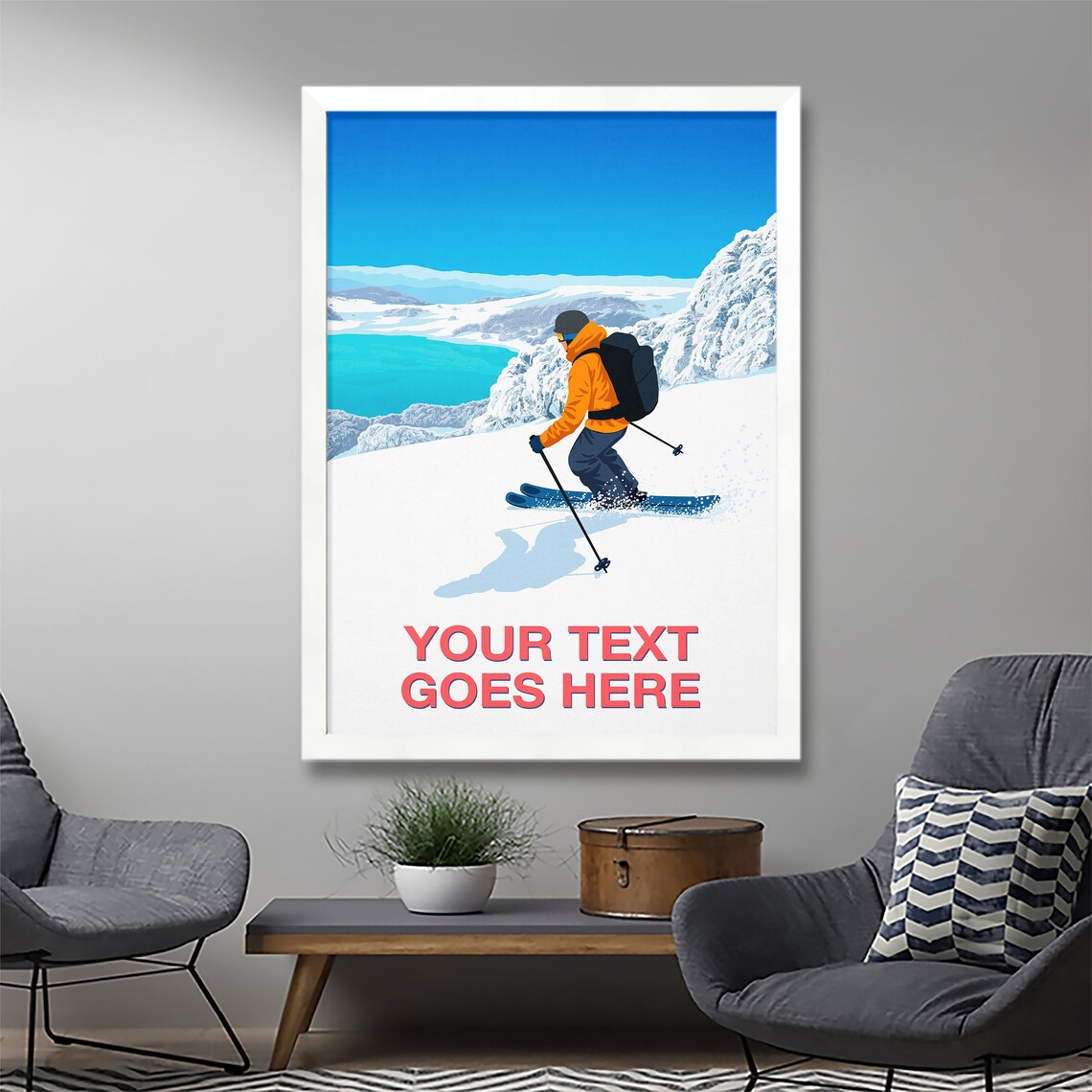 Personalised Ski Art Poster with Custom Text Skier Above Turquoise Lake - Image 3