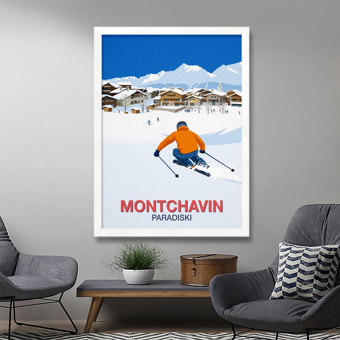 Montchavin Paradiski Ski Poster French Alps Village Skier Artwork - Image 3