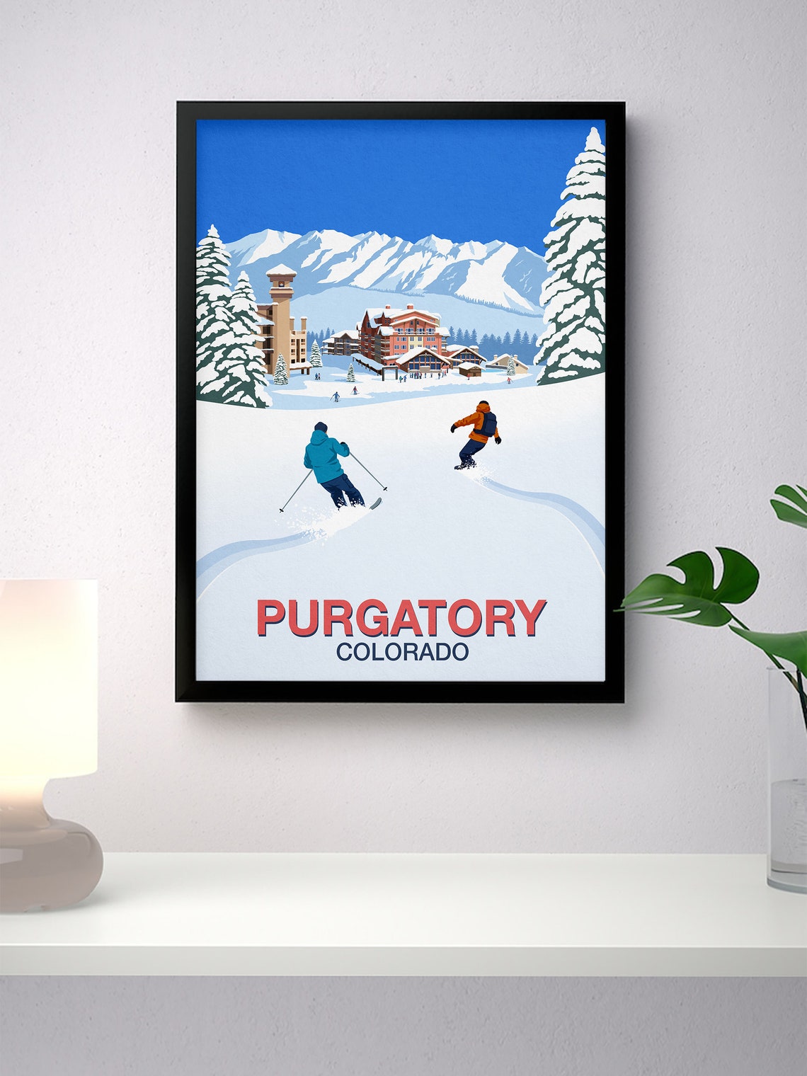 Purgatory Ski Resort Poster with Village Lodges and Skiers Colorado - Image 4