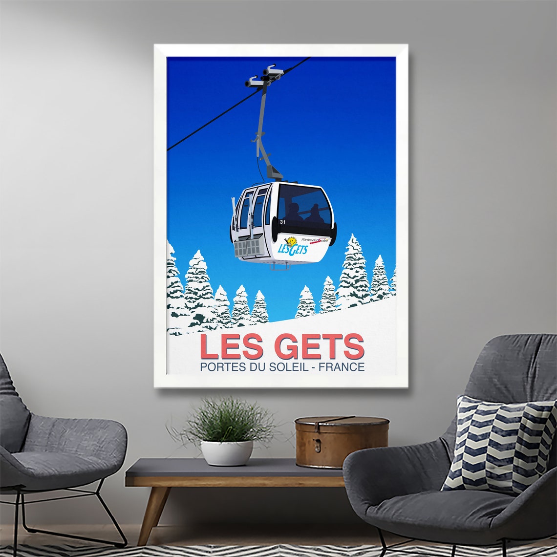 Les Gets Portes du Soleil France White Gondola Retro Ski Poster - Image 2