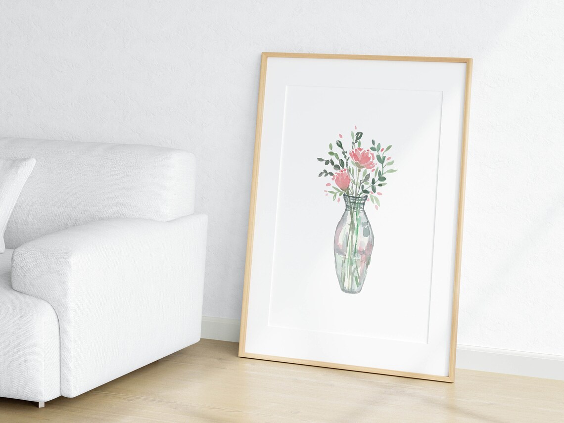 Pink Blossom Bouquet in Glass Vase Soft Watercolor Floral Poster - Image 2