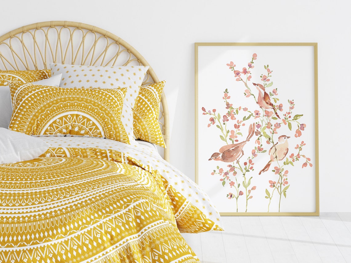 Wren Birds Watercolor Poster on Blush Pink Blossoming Branches - Image 3