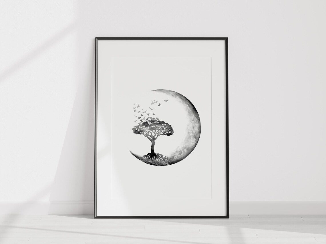 Tree Of Life With Moon And Birds Black Watercolor Spiritual Print - Image 2