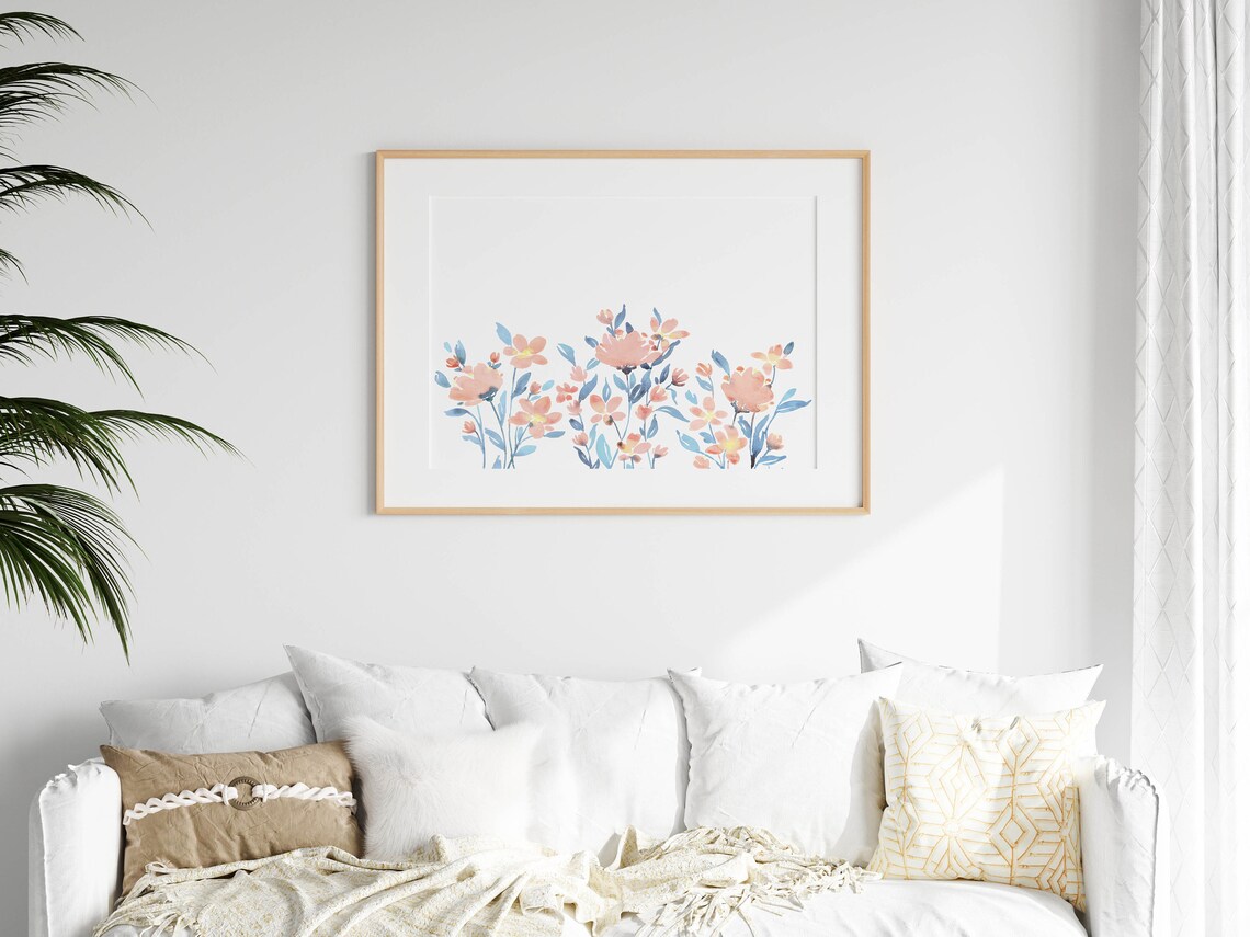 Pink and Blue Wildflower Watercolor Art Print, Horizontal - Image 2