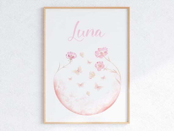 Luna Pink Moon With Butterflies Nursery Name Floral Art Print