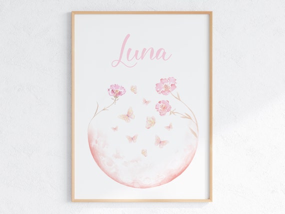 Personalized Flower Moon Name Sign Girl Nursery Moon Print Floral Moon With Butterflies Watercolor Baby Name Poster