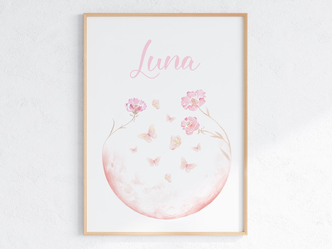 Luna Pink Moon With Butterflies Nursery Name Floral Art Print